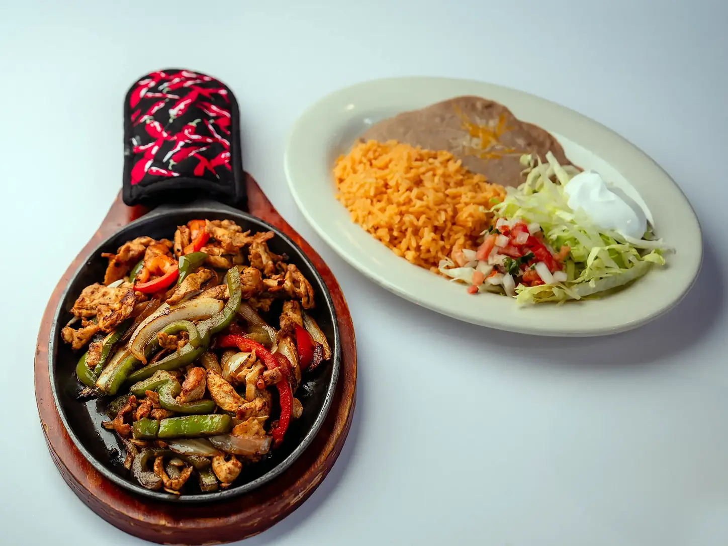 Mexican food spread on a wooden table